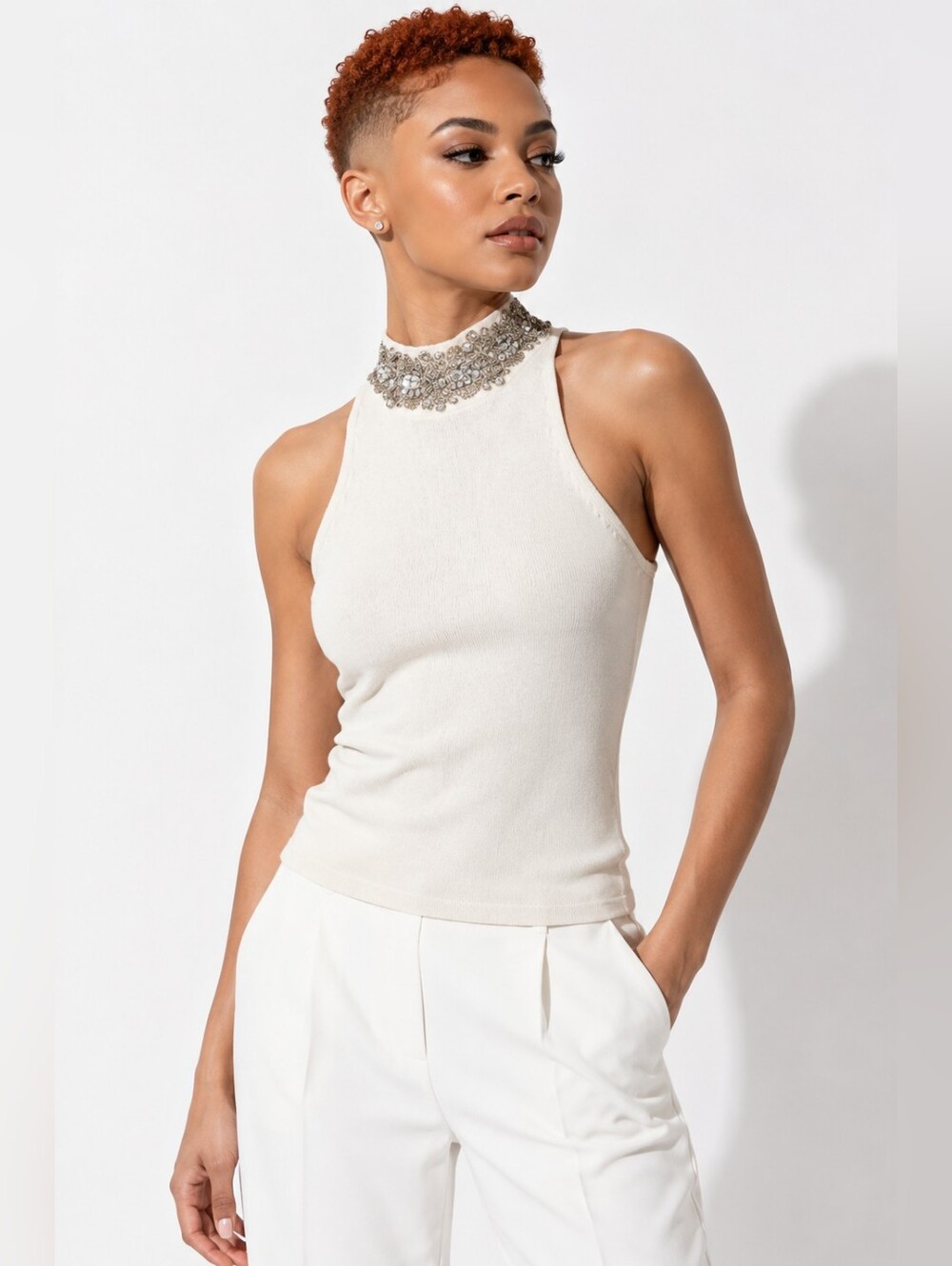 INC International Concepts Embellished Mock Neck Sleeveless Knit Top